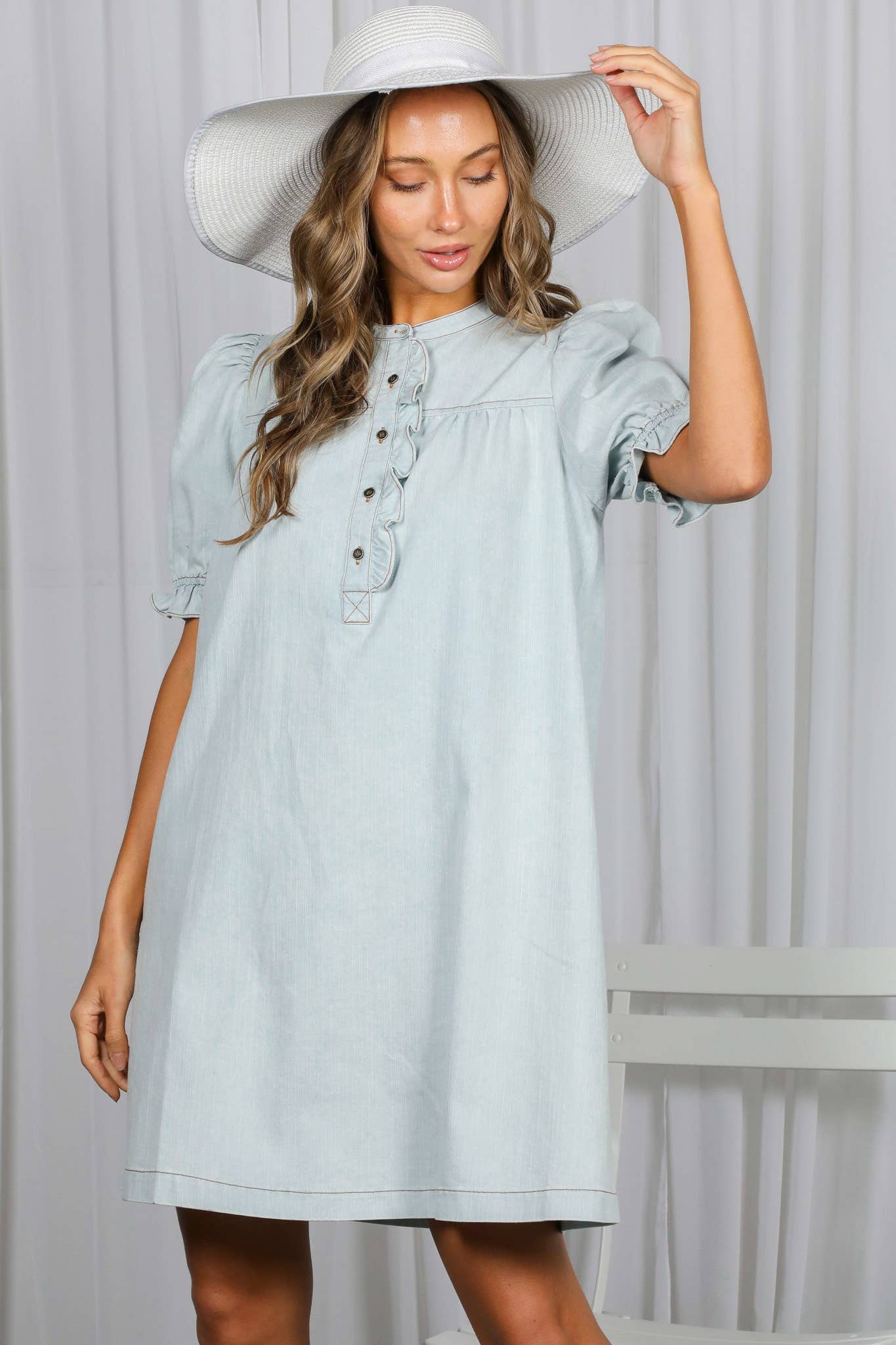 Ruffled Button Placket 100%Cotton Knee Dress