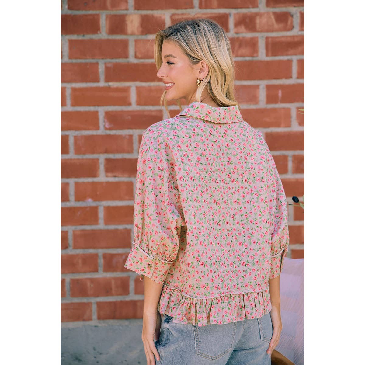 DUSTY ROSE FLORAL RUFFLE HEM BUTTON DOWN BLOUSE
