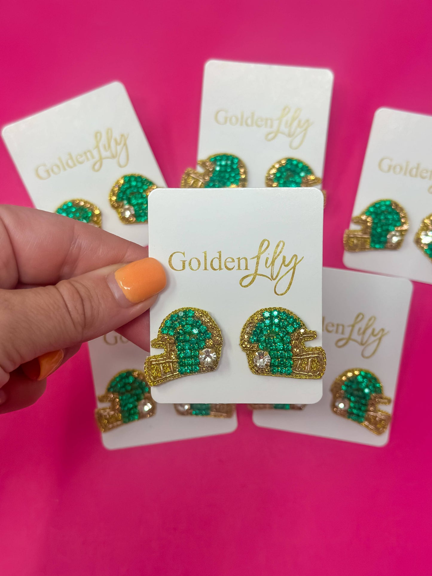 Game Day Helmet Stud Earrings - Green and goLD