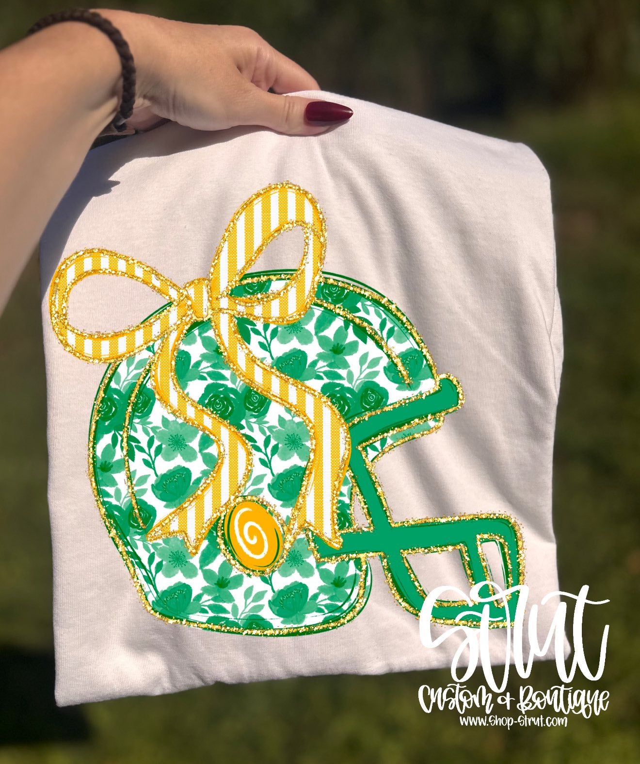 Floral Helmet - Green & Gold - Ivory Shirt