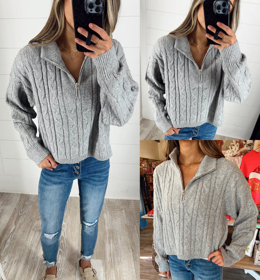 Brushed Cable Knit Zip Up Sweater