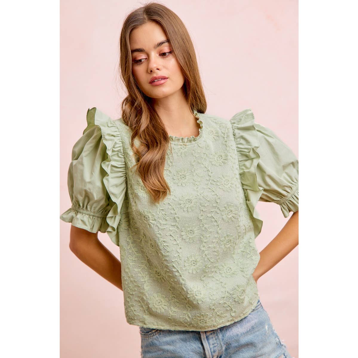 RUFFLED DETAIL PUFF SLEEVE CROCHET TOP