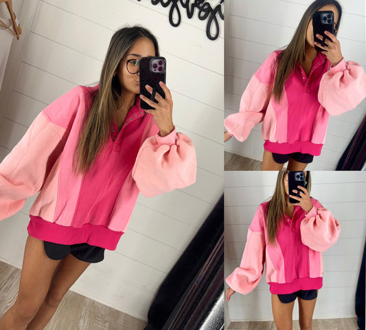 Pink Oversized Colorblock Sweatshirt