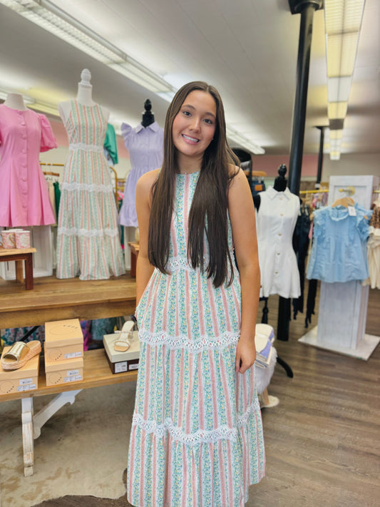 Floral Stripe Print Scallop Lace Midi Dress
