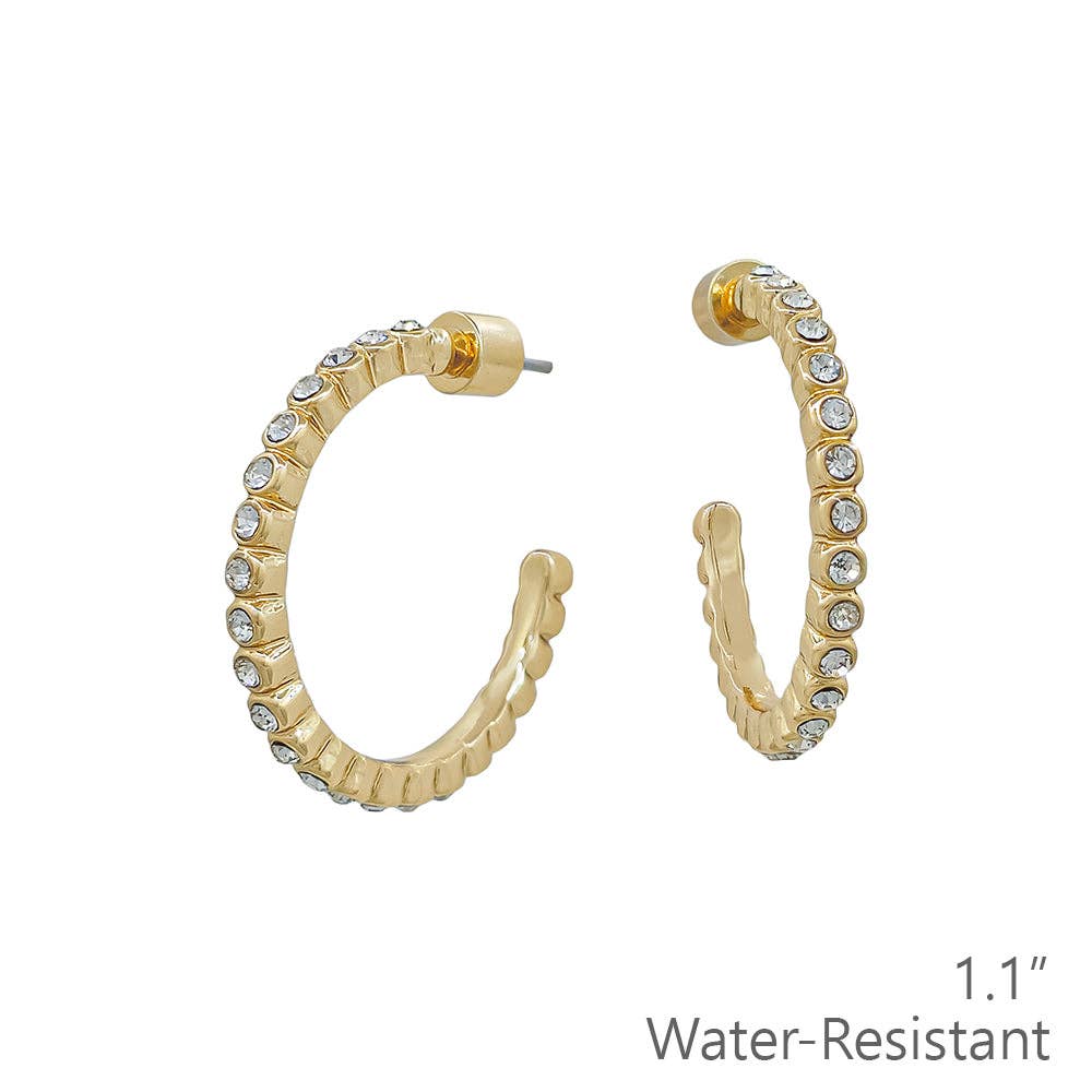 Clear Circle Stone 1" Gold Hoop Earrings