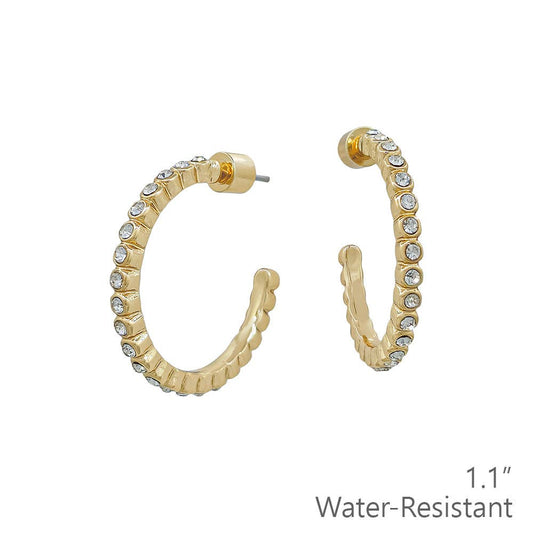 Clear Circle Stone 1" Gold Hoop Earrings