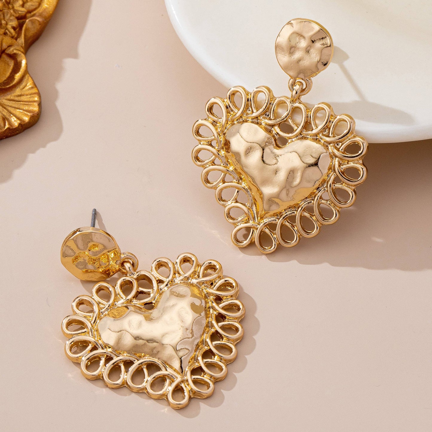 Ornate Hammered Heart Drop Earrings