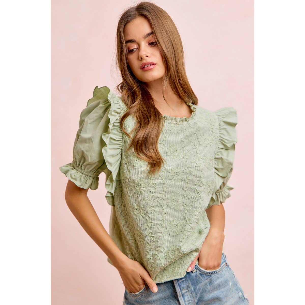 RUFFLED DETAIL PUFF SLEEVE CROCHET TOP