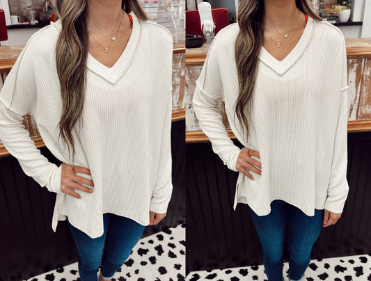 Corded Rib Long Sleeve V Neck Top - Cream