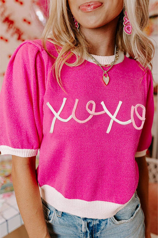 Bright Pink XOXO Embroidered Graphic Valentines Contrast Trim Crew Neck Short Puff Sleeve Sweater