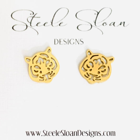 Tiger Head Gold Stud Earrings