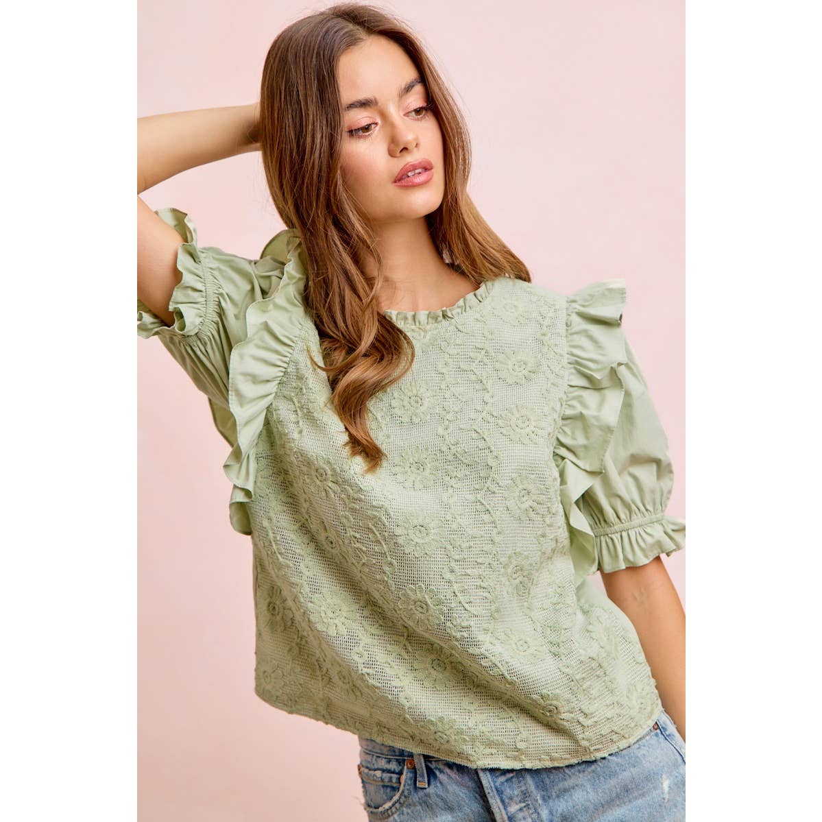 RUFFLED DETAIL PUFF SLEEVE CROCHET TOP