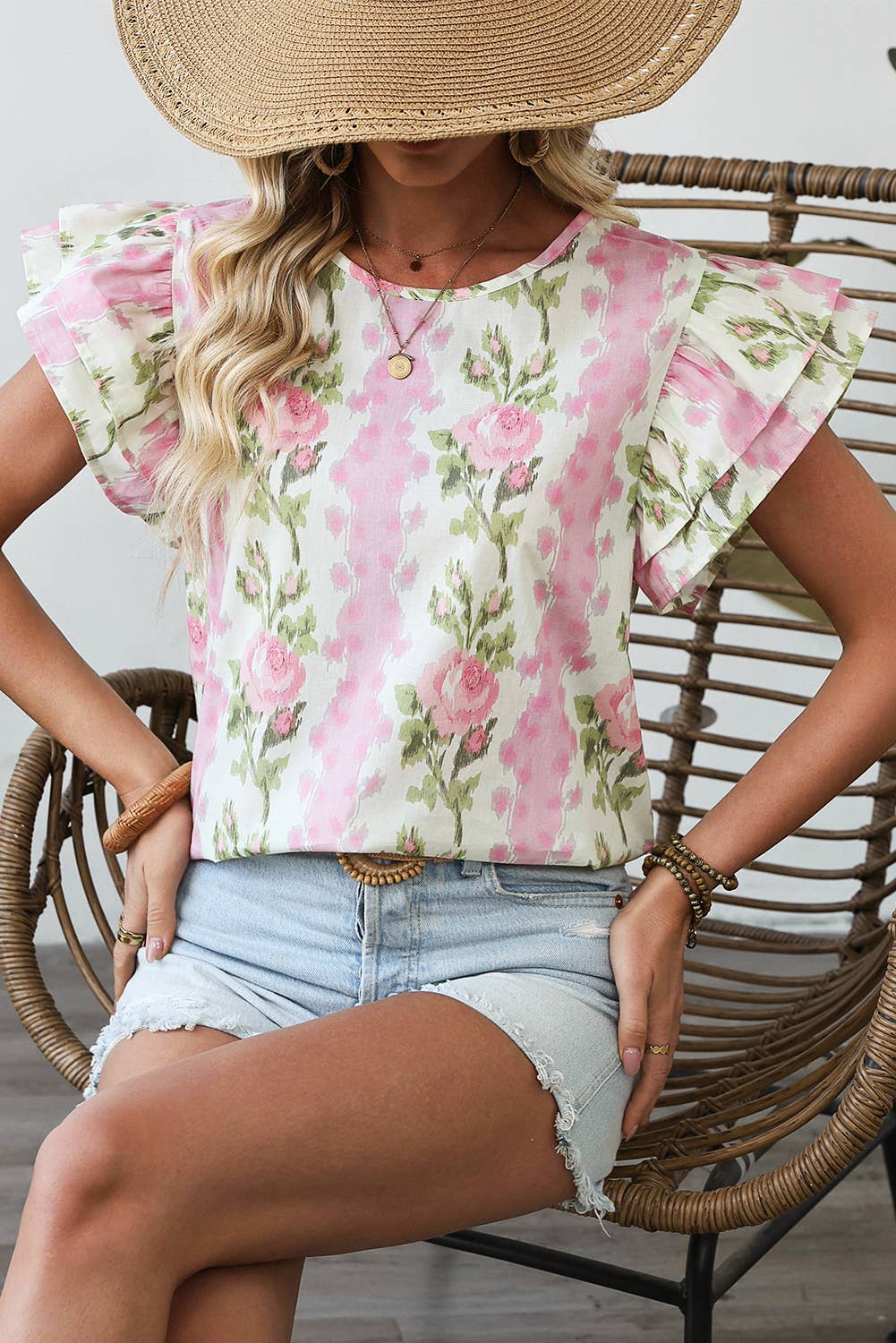 Floral Print Striped Ruffled Sleeve Top