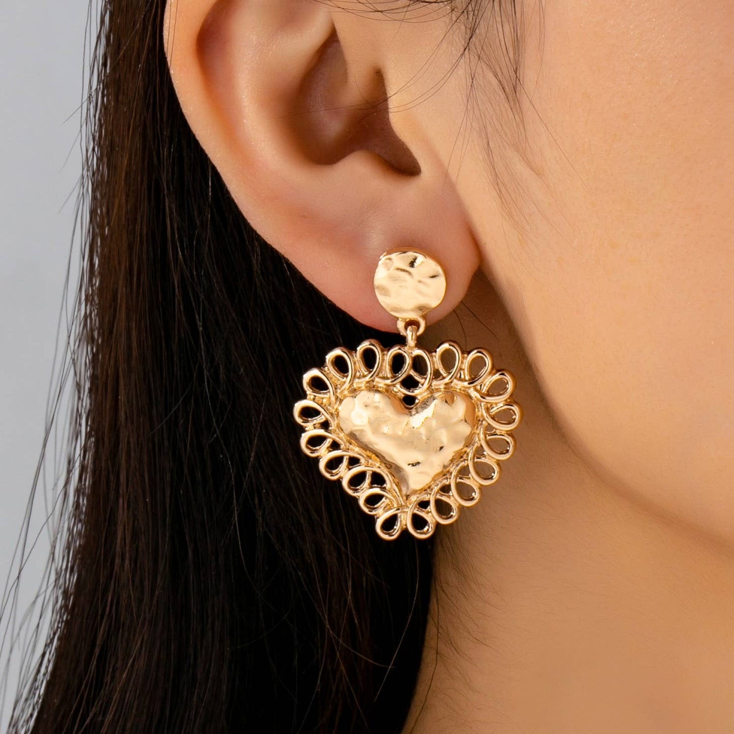 Ornate Hammered Heart Drop Earrings