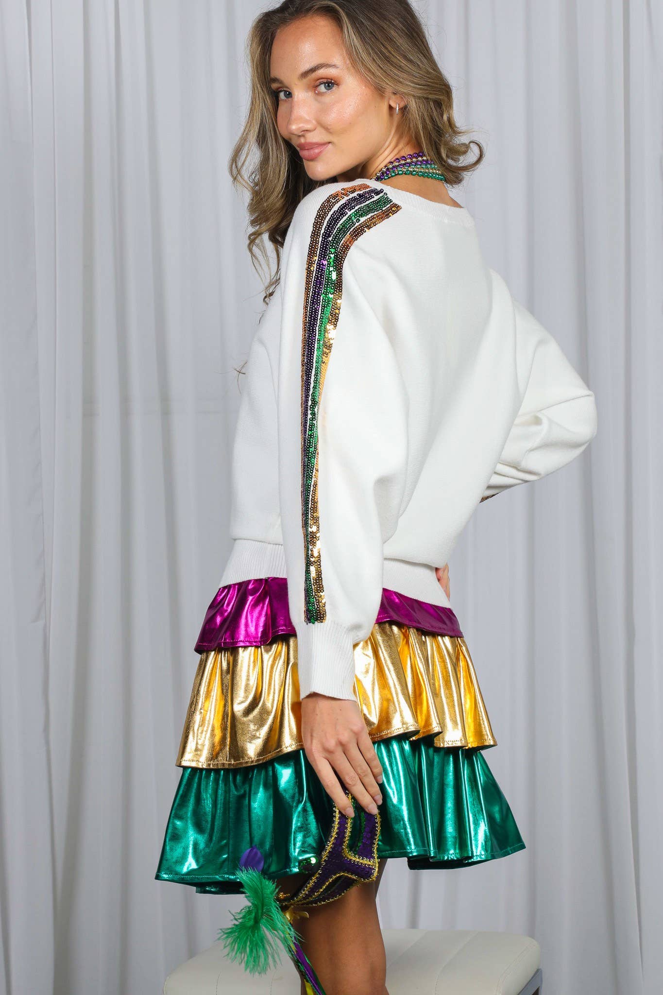 Mardi Gras Crew Neck Sequin Embellished Sweater