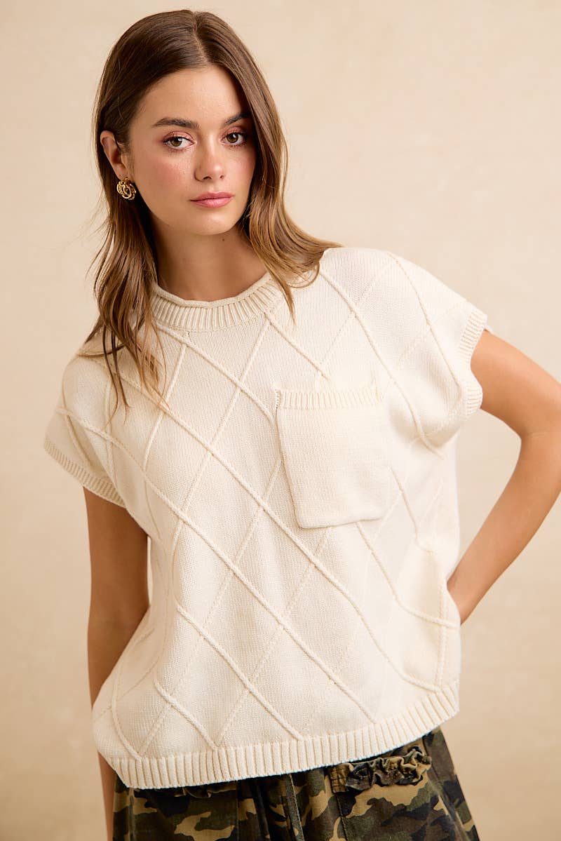 DIAMOND PATTERN WASHED KNIT DROP SHOULDER TOP