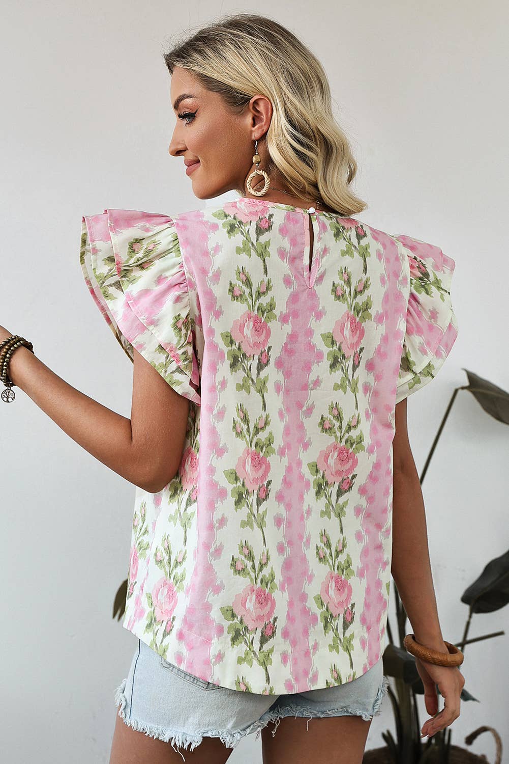 Floral Print Striped Ruffled Sleeve Top