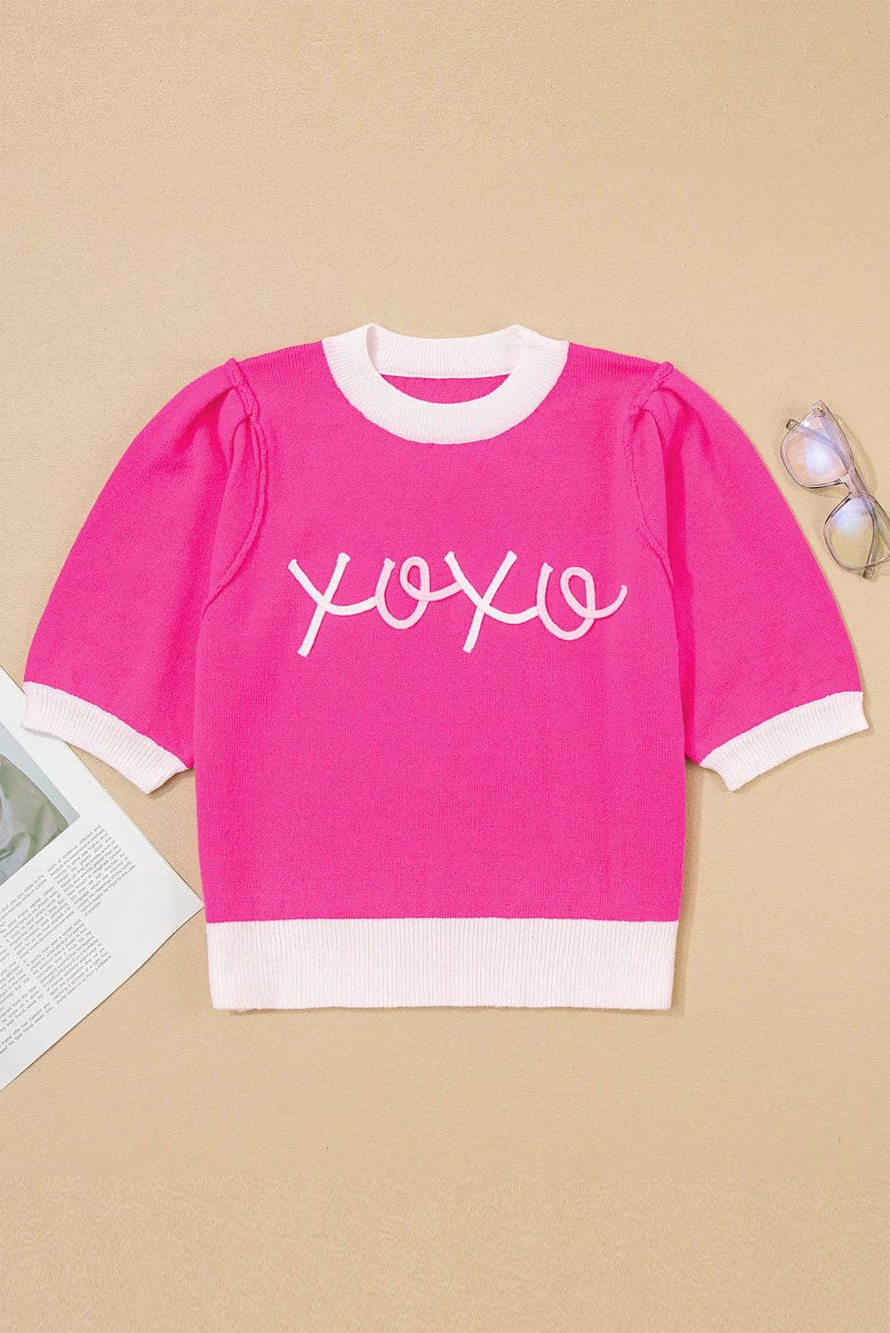 Bright Pink XOXO Embroidered Graphic Valentines Contrast Trim Crew Neck Short Puff Sleeve Sweater