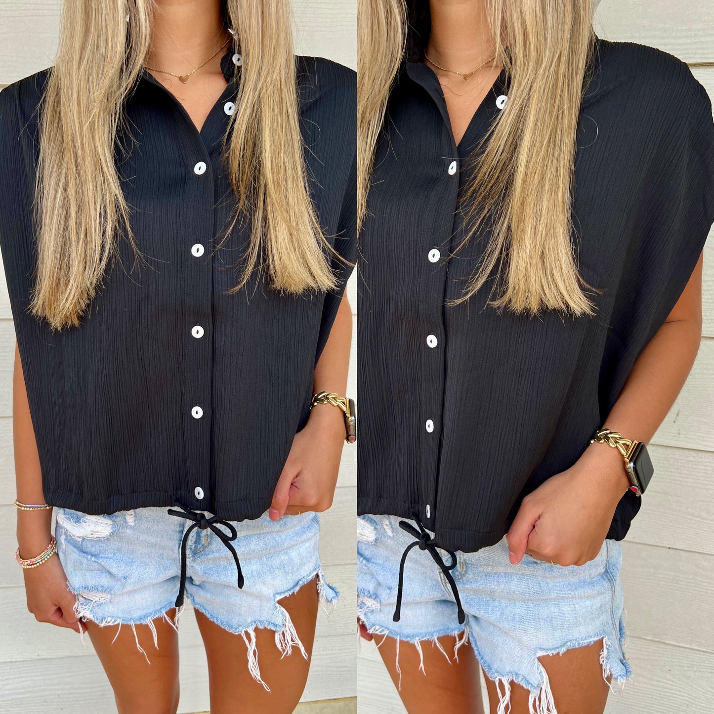 Textured button down Top-Black