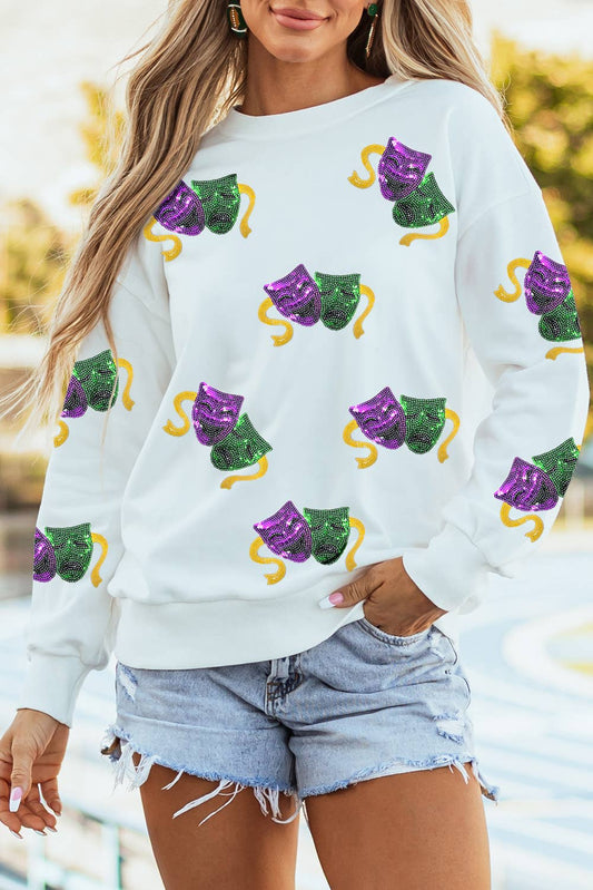Sequined Mardi Gras Mask Pattern Sweatshirt