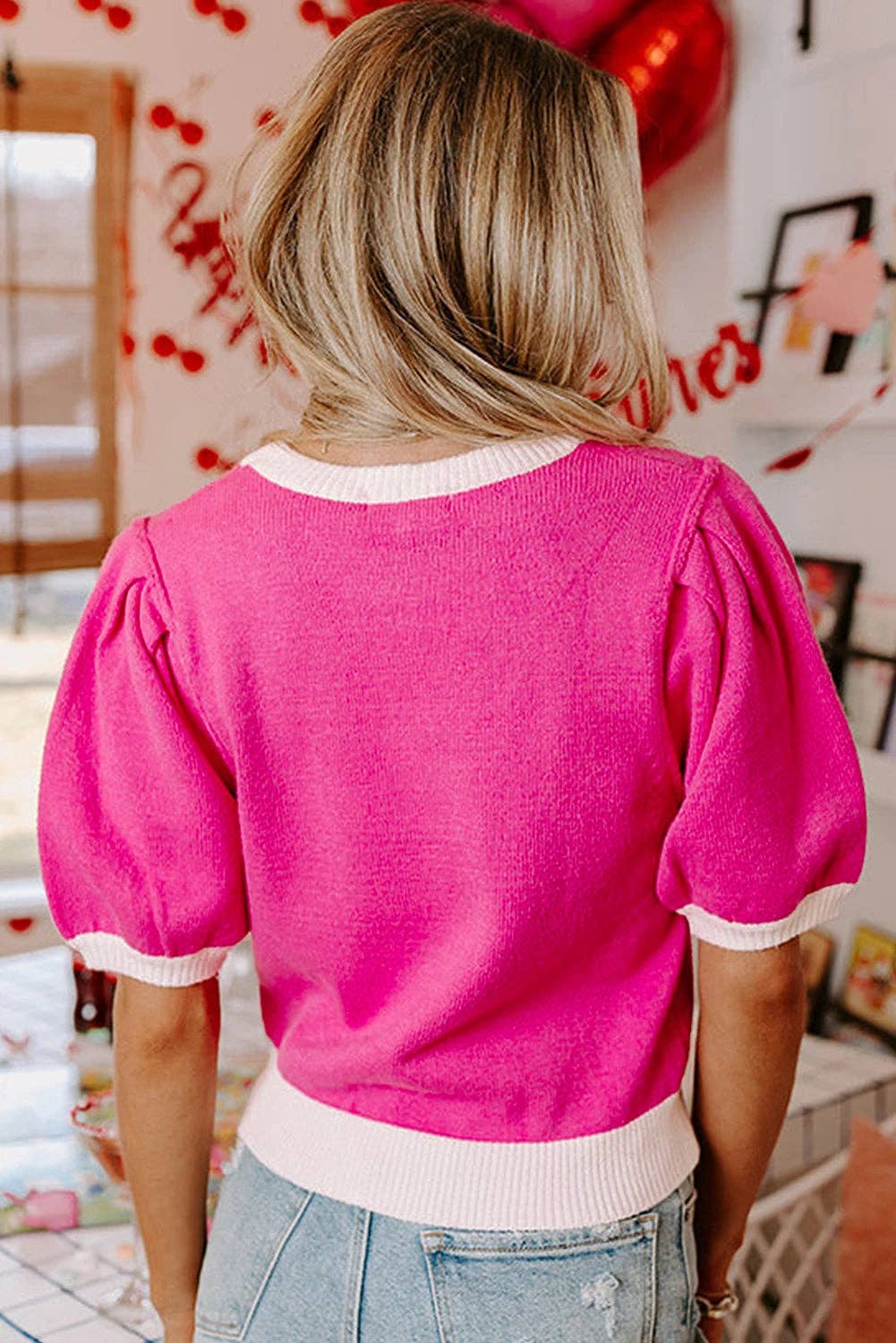 Bright Pink XOXO Embroidered Graphic Valentines Contrast Trim Crew Neck Short Puff Sleeve Sweater