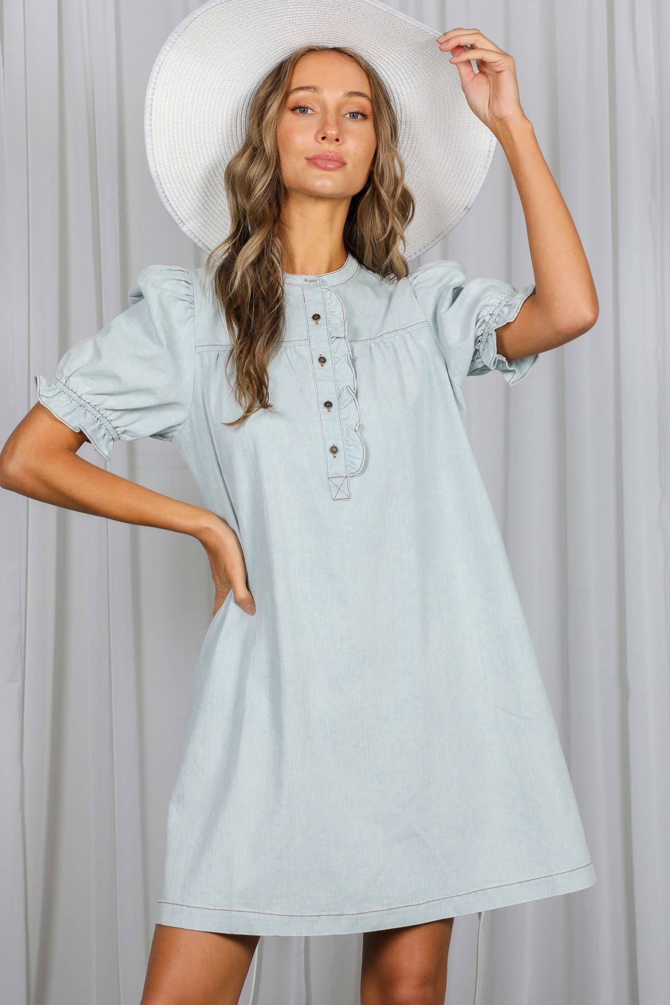 Ruffled Button Placket 100%Cotton Knee Dress