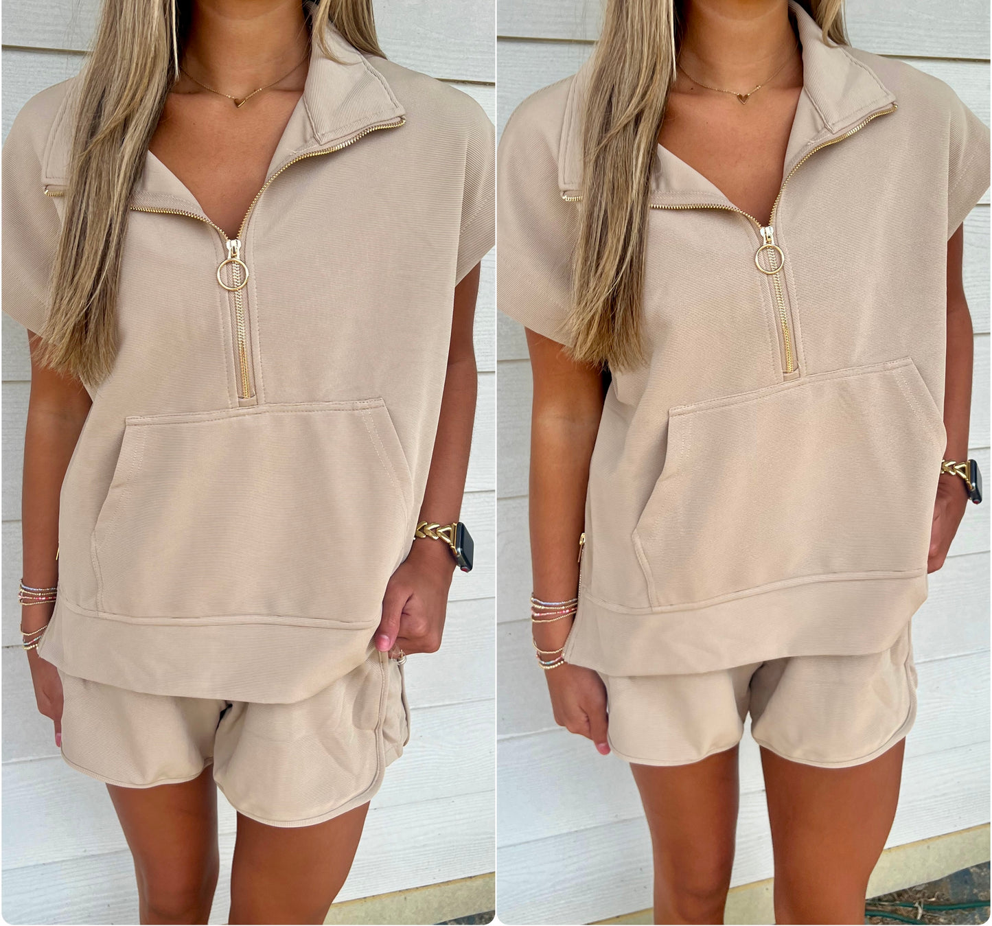 Taupe Sleeveless Gold Quarter Zip Set