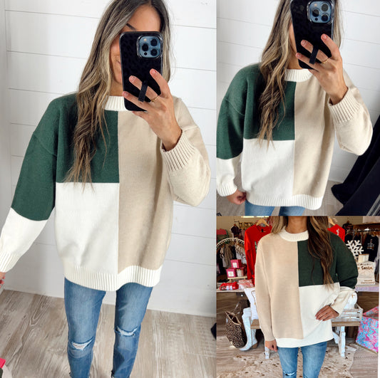 Green Multi Colorblock Sweater Pullover