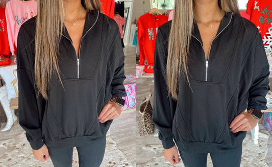 Black Zippered Collar Loose Pullover Sweatshirt