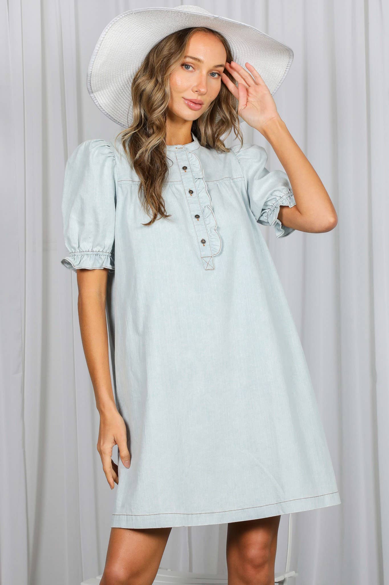 Ruffled Button Placket 100%Cotton Knee Dress