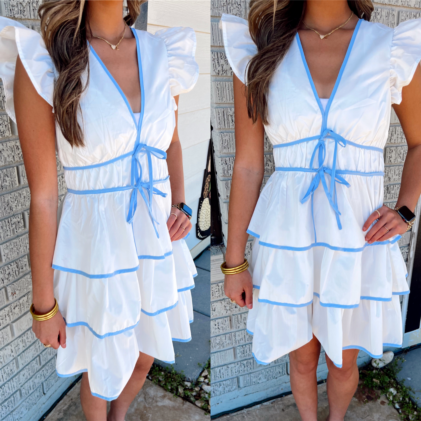 Deep V-neck Ruffle Tier Mini Dress