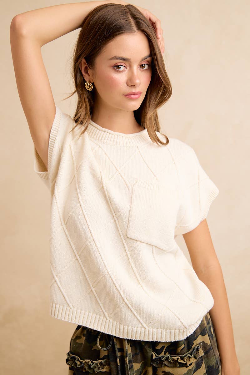 DIAMOND PATTERN WASHED KNIT DROP SHOULDER TOP