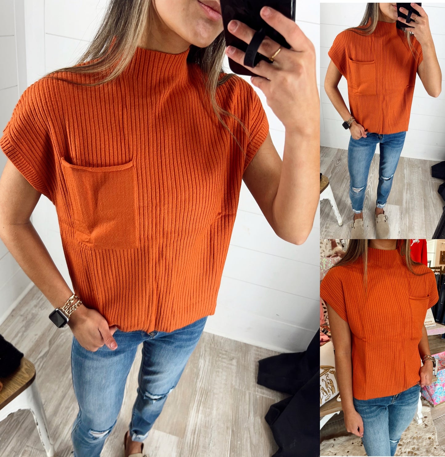 Burnt Orange Pocket Rib Knit Sleeveless Sweater