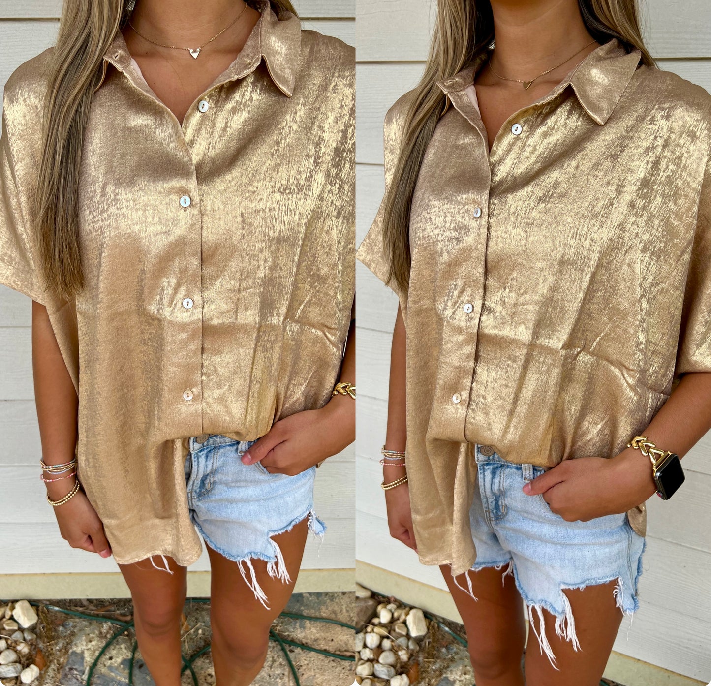 Gold Metallic Button Down Blouse