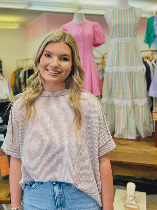 Raised Rib Cuff Sleeve Raw Edge Top - Ash Mocha