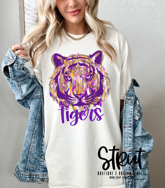 Purple and Sequin Gold Watercolor Tiger - Tank or Tee