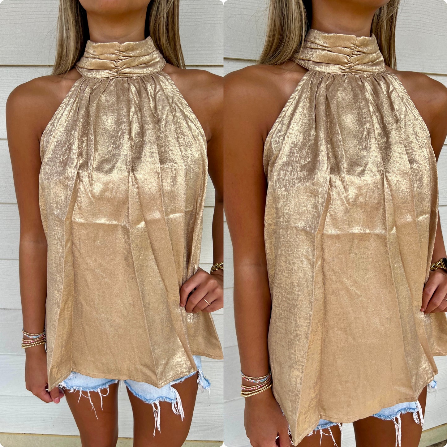 Gold Halter Neck Tie Back Top