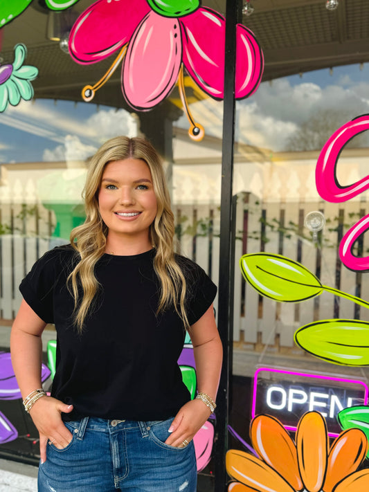 Black - Round Neck Folded Short Sleeve T-Shirt