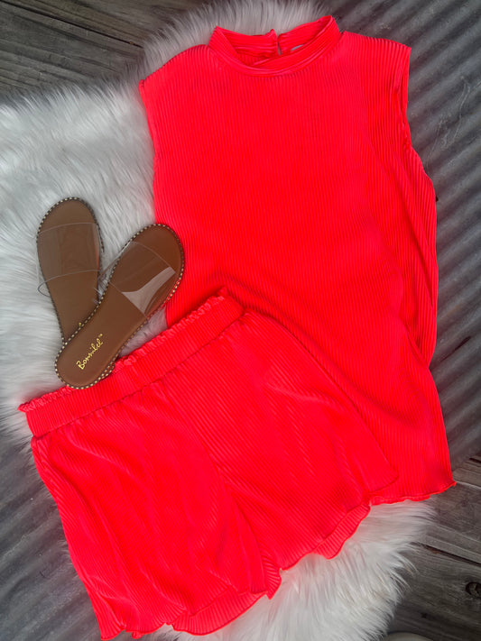 Hard to Resist Pleated Set / Neon Coral