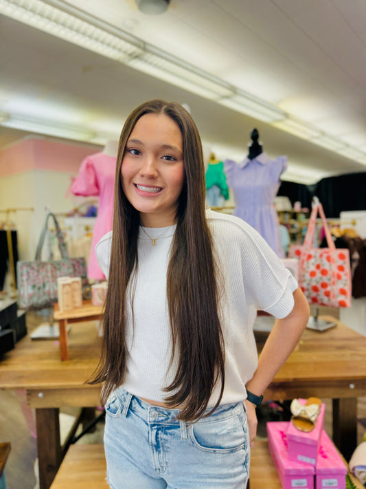 Raised Rib Cuff Sleeve Raw Edge Top - White