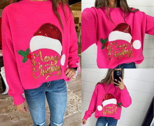 Pink Santa Sequin Sweater Top