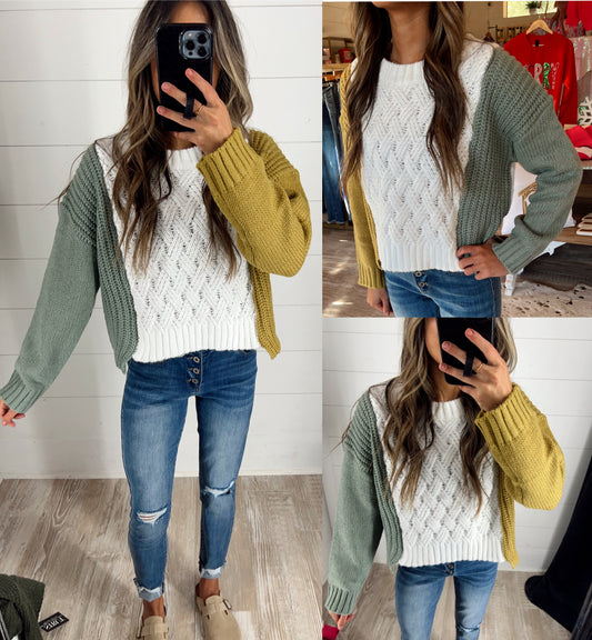 Weave Pattern Knitted Color Block Sweater