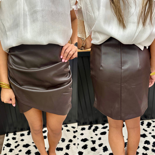 Dark Brown Leather Ruched Crossover Skirt