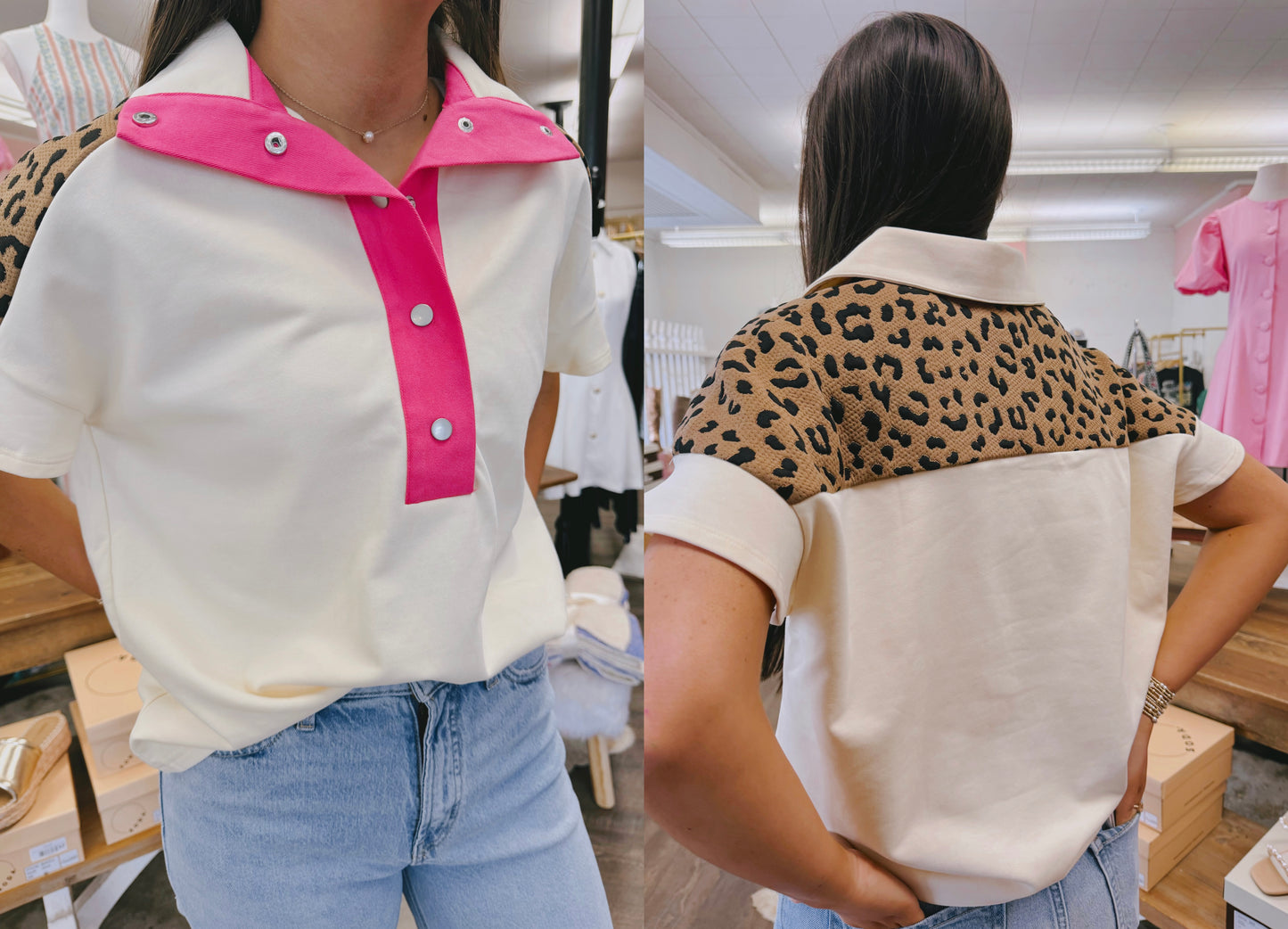Contrast Placket Flutter Sleeve Top With Leopard Knit