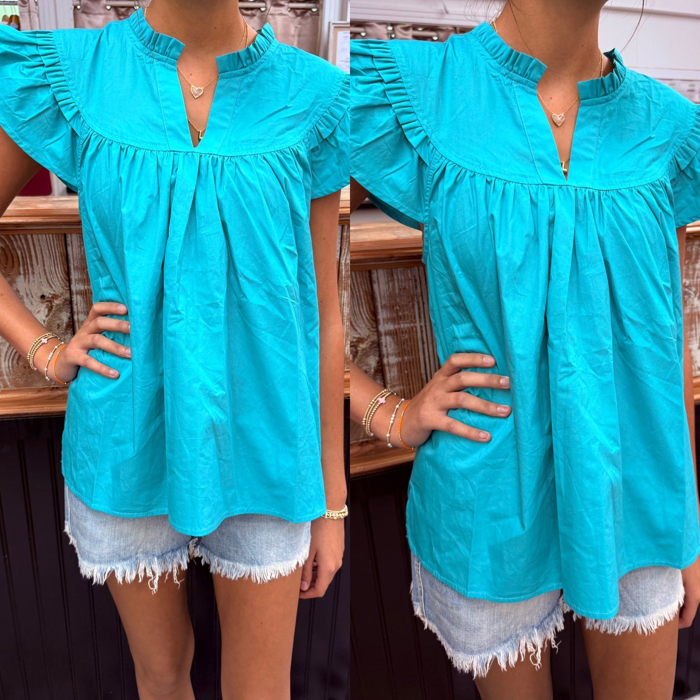 Aqua Flutter Sleeve Poplin Blouse