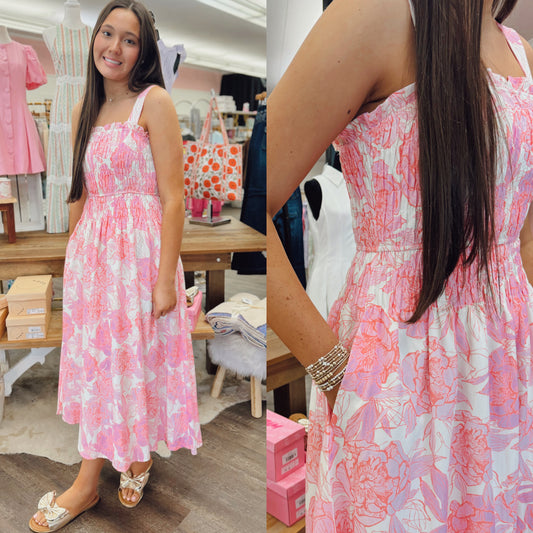 Floral Print Smocked Bodice A Line Midi Dress