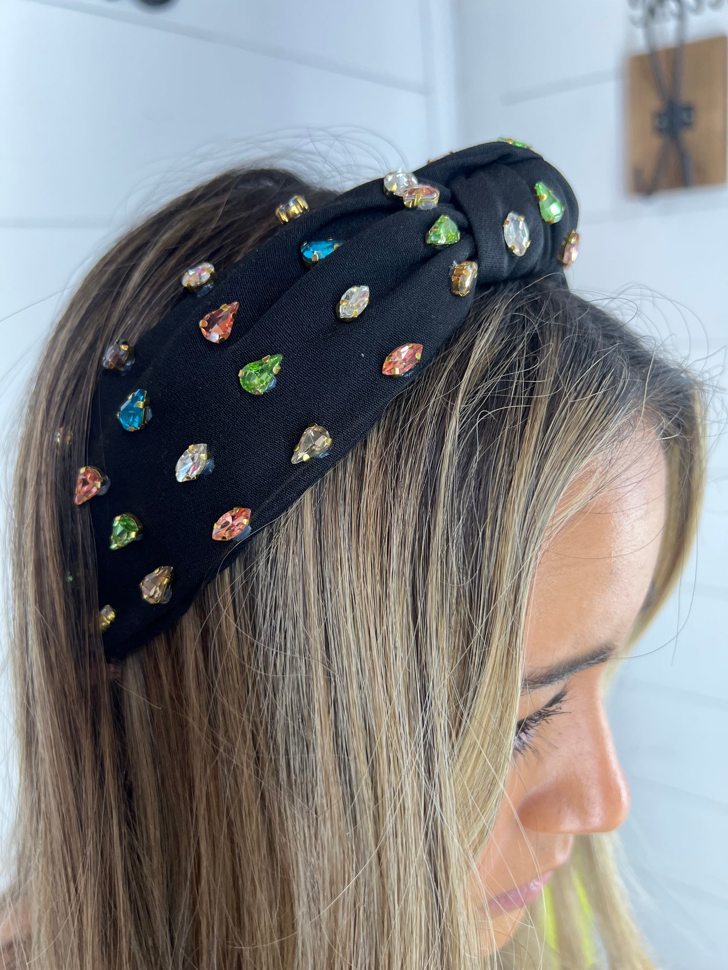 Black Headband - Multi Colored Stones