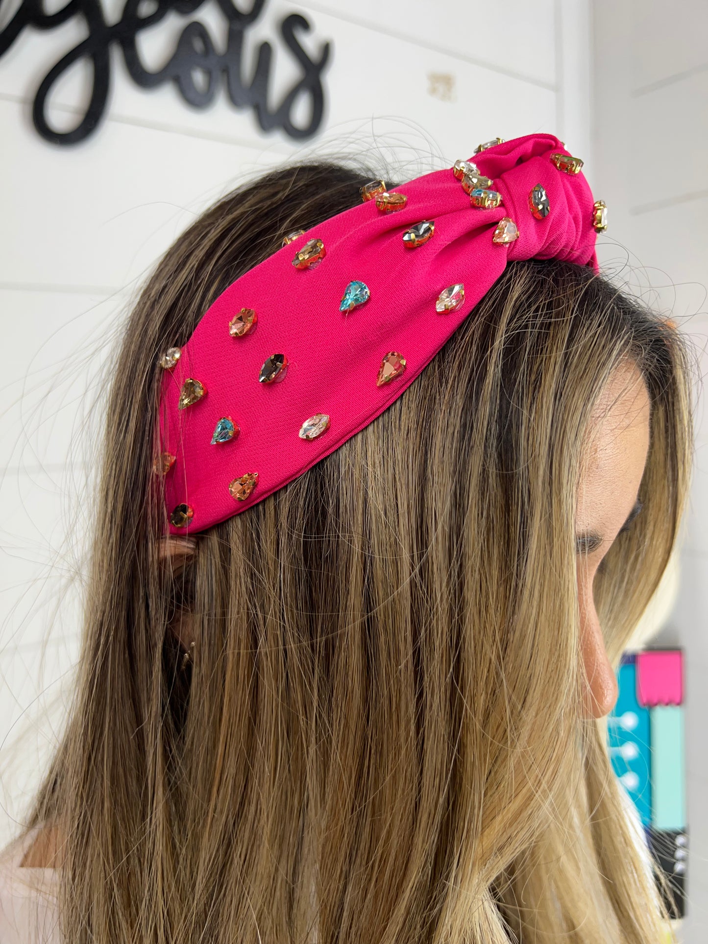 Pink Headband - Multi Colored Stones