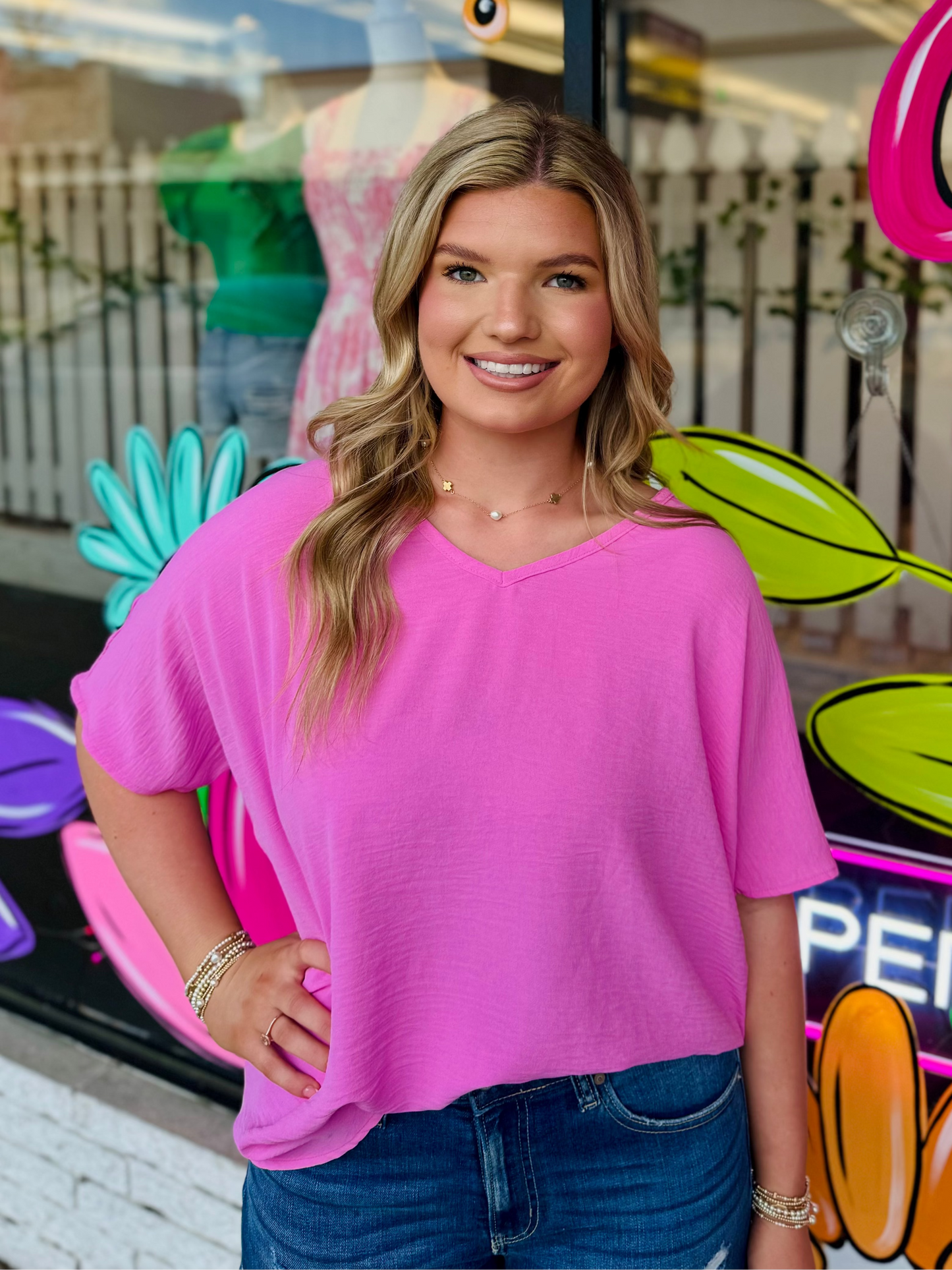 Woven Airflow V-Neck Short Sleeve Top - Candy Pink