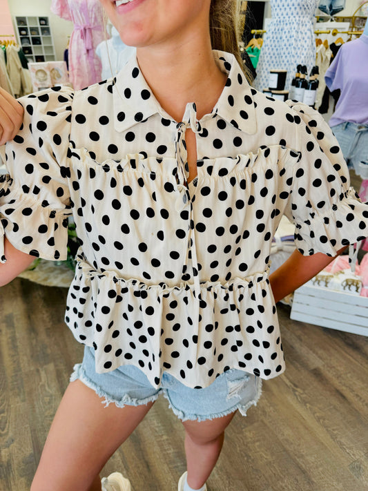 POLKA DOTS WOVEN RUFFLED DETAIL V NECK BLOUSE TOP